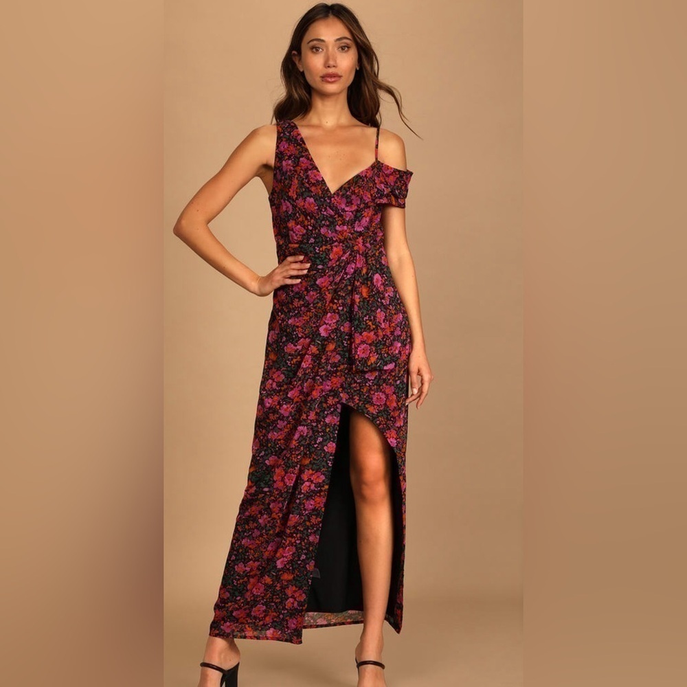Lulu's Black Floral Maxi Dress with Pink & Red Accents